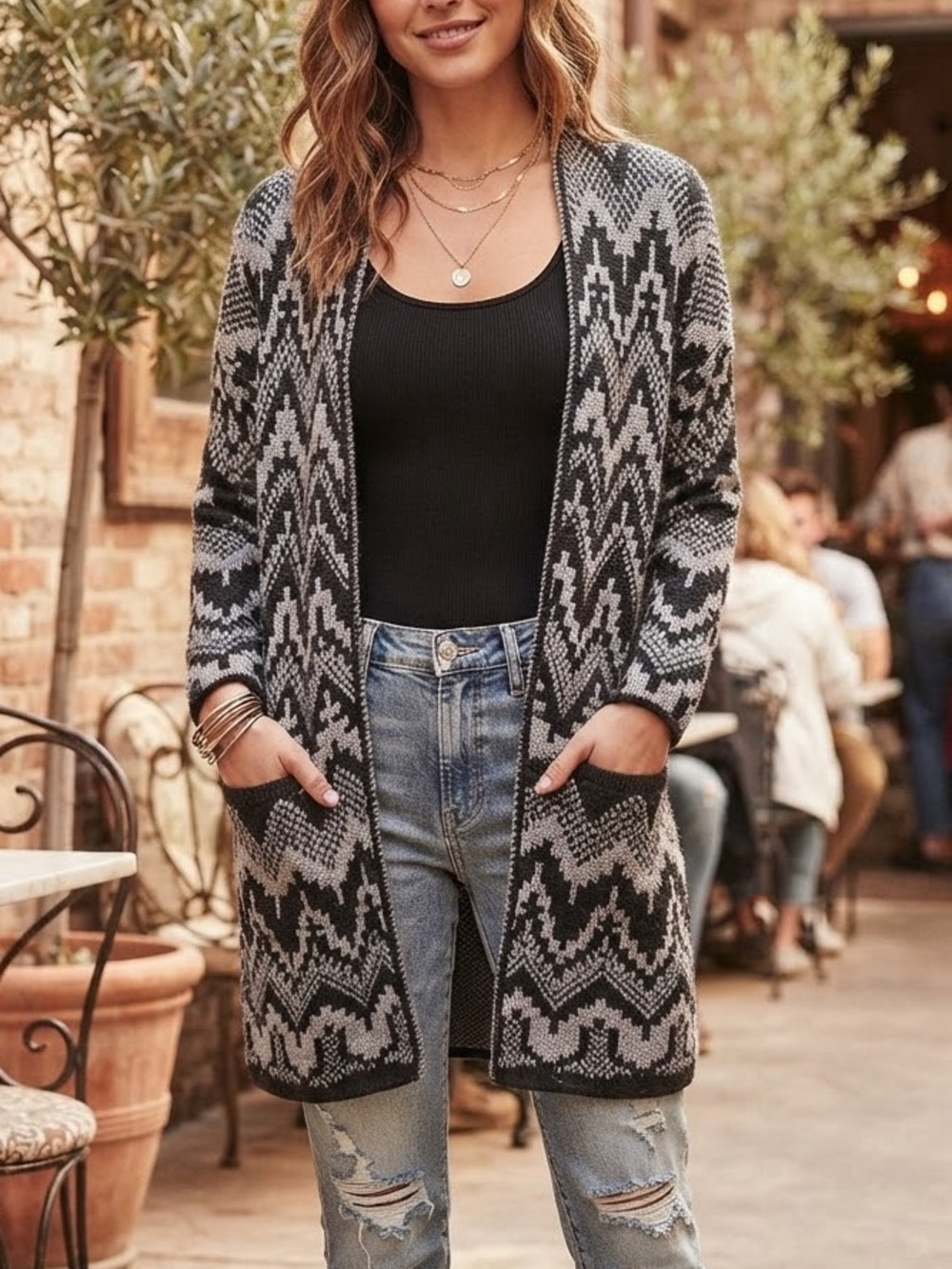 Lucky Brand Black & Gray Aztec Open-Front Cardigan Duster